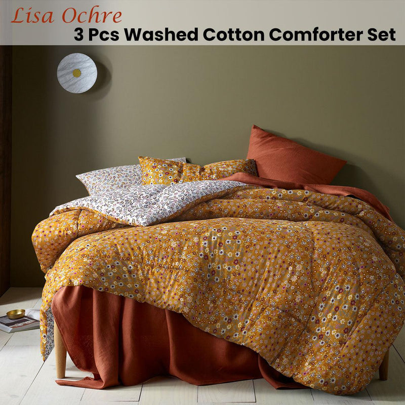 Accessorize Lisa Ochre Washed Cotton Printed 3 Piece Comforter Set Queen - John Cootes