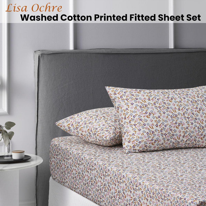 Accessorize Lisa Ochre Washed Cotton Printed Fitted Sheet Set King Single - John Cootes