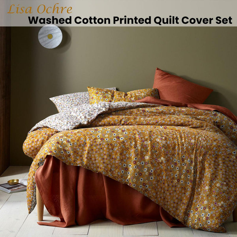 Accessorize Lisa Ochre Washed Cotton Printed Quilt Cover Set King - John Cootes