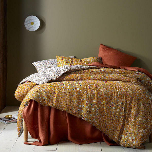 Accessorize Lisa Ochre Washed Cotton Printed Quilt Cover Set Queen - John Cootes