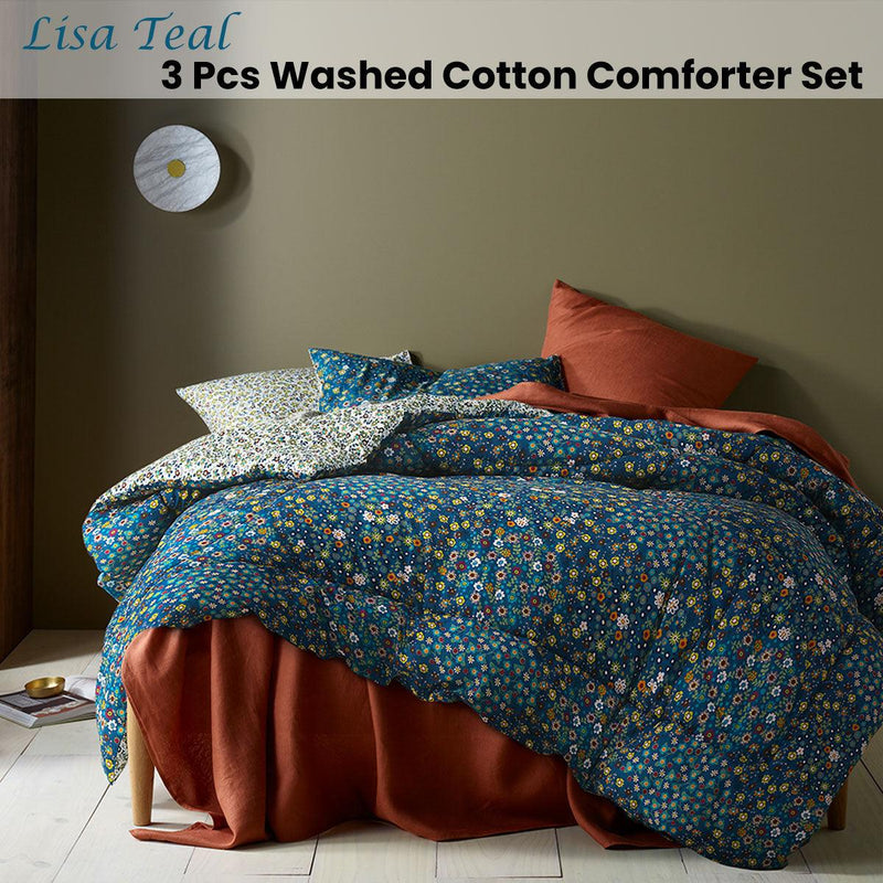 Accessorize Lisa Teal Washed Cotton Printed 3 Piece Comforter Set King - John Cootes