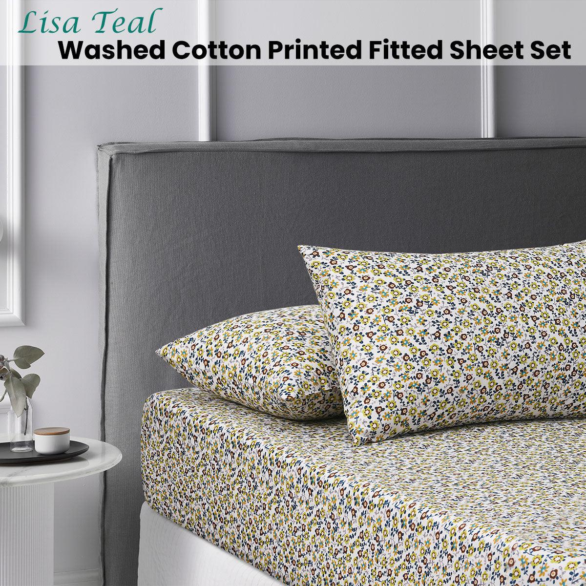 Accessorize Lisa Teal Washed Cotton Printed Fitted Sheet Set Double - John Cootes