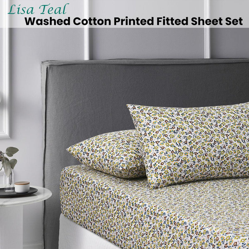 Accessorize Lisa Teal Washed Cotton Printed Fitted Sheet Set Single - John Cootes