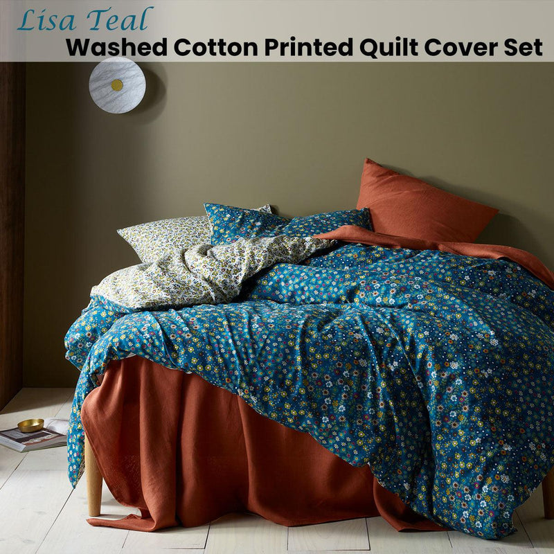 Accessorize Lisa Teal Washed Cotton Printed Quilt Cover Set Queen - John Cootes