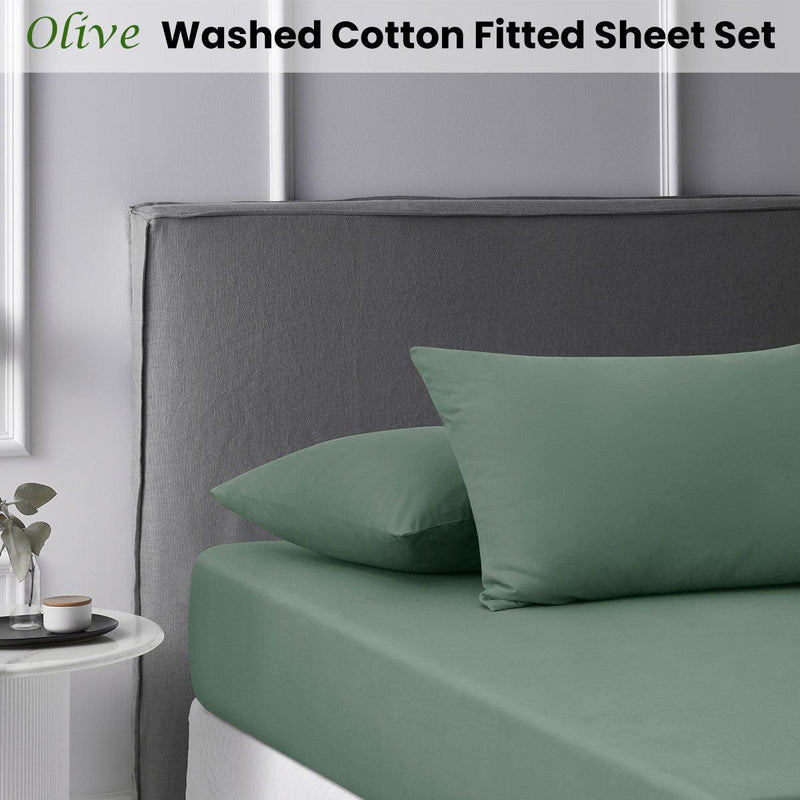 Accessorize Olive Washed Cotton Fitted Sheet Set King Single - John Cootes