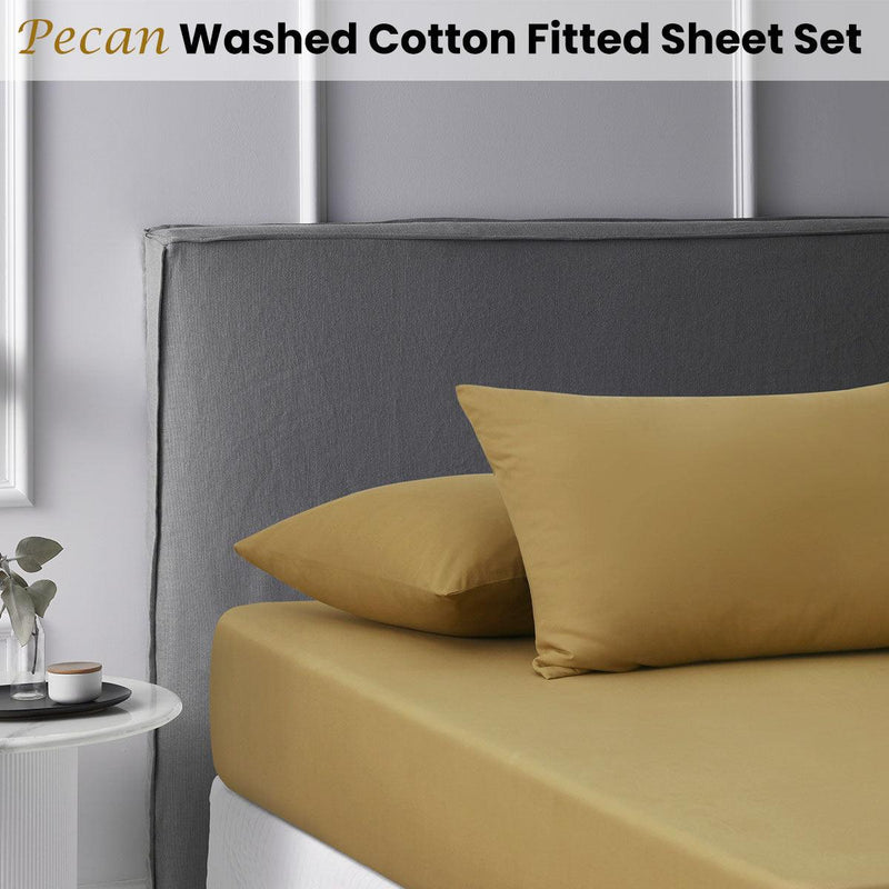 Accessorize Pecan Washed Cotton Fitted Sheet Set Double - John Cootes