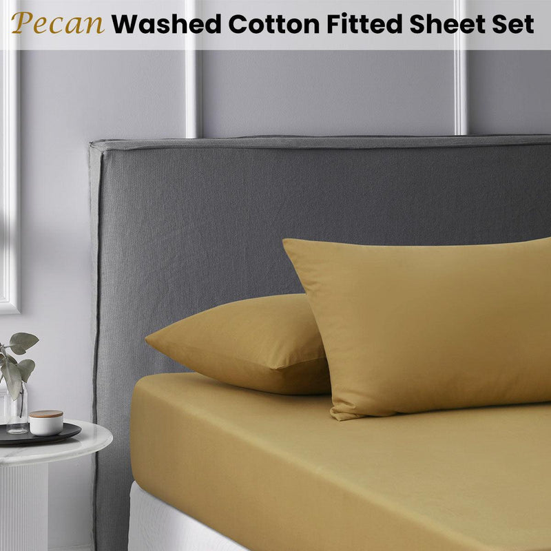 Accessorize Pecan Washed Cotton Fitted Sheet Set King - John Cootes