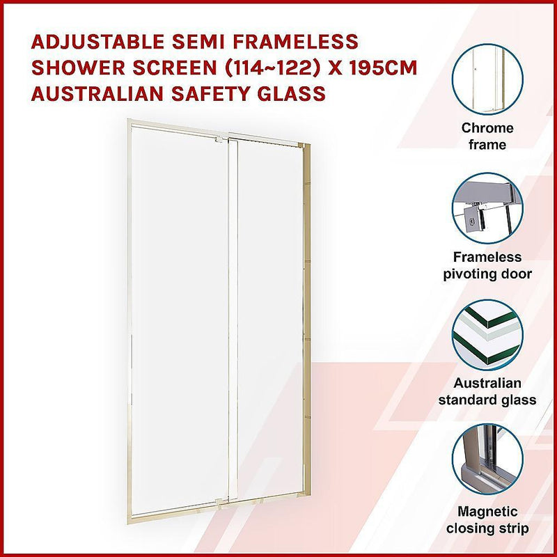 Adjustable Semi Frameless Shower Screen (114~122) x 195cm Australian Safety Glass - John Cootes