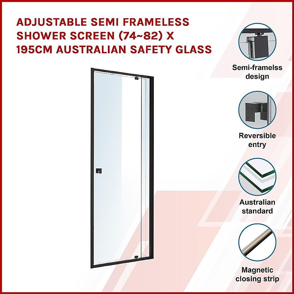 Adjustable Semi Frameless Shower Screen (74~82) x 195cm Australian Safety Glass - John Cootes