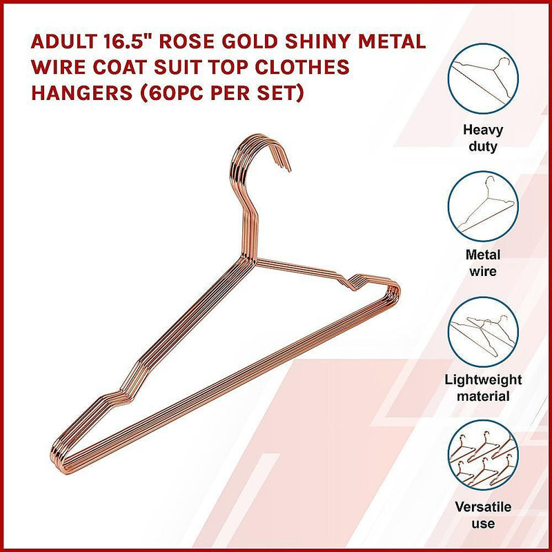 Adult 16.5" Rose Gold Shiny Metal Wire Coat Suit Top Clothes Hangers (60pc per set) - John Cootes