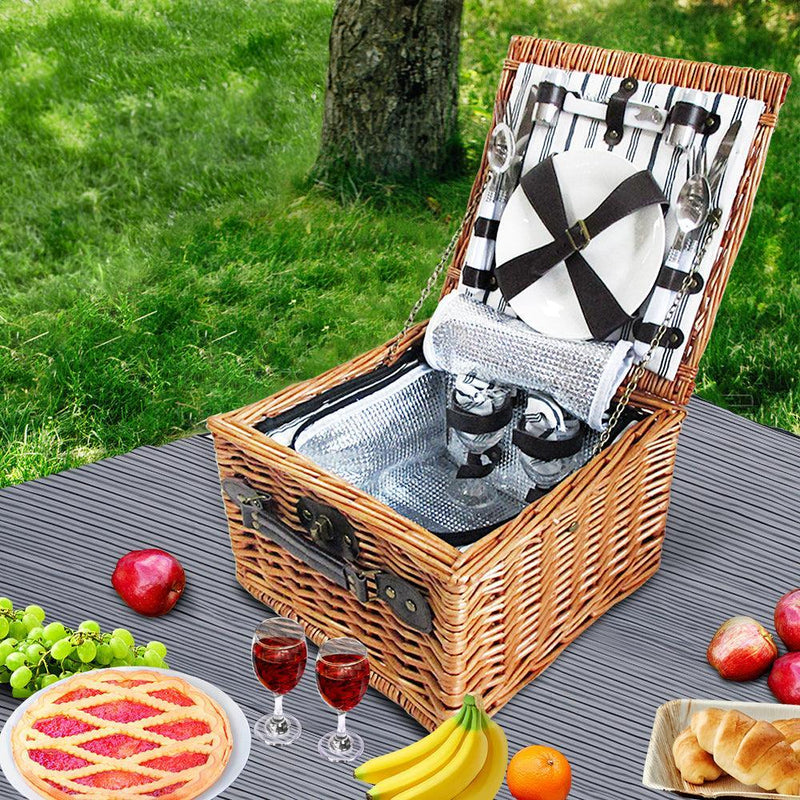 Alfresco 2 Person Picnic Basket Set Baskets Vintage Outdoor Insulated Blanket - John Cootes