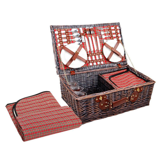 Alfresco 4 Person Picnic Basket Baskets Red Handle Outdoor Corporate Blanket Park - John Cootes