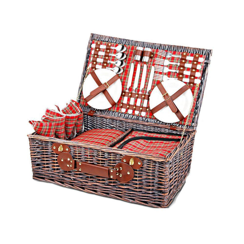 Alfresco 4 Person Picnic Basket Baskets Red Handle Outdoor Corporate Blanket Park - John Cootes