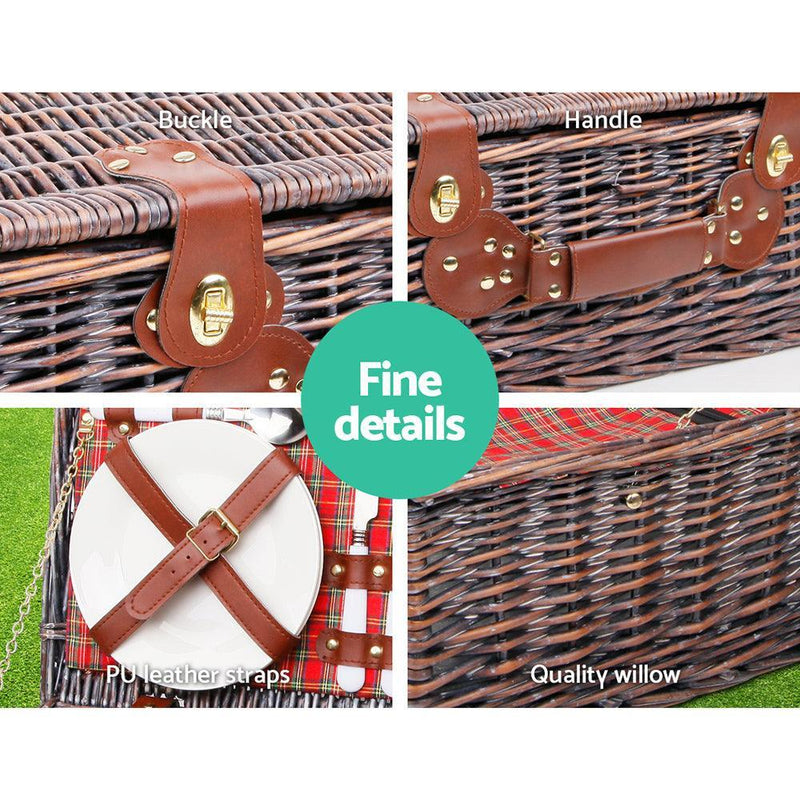 Alfresco 4 Person Picnic Basket Baskets Red Handle Outdoor Corporate Blanket Park - John Cootes