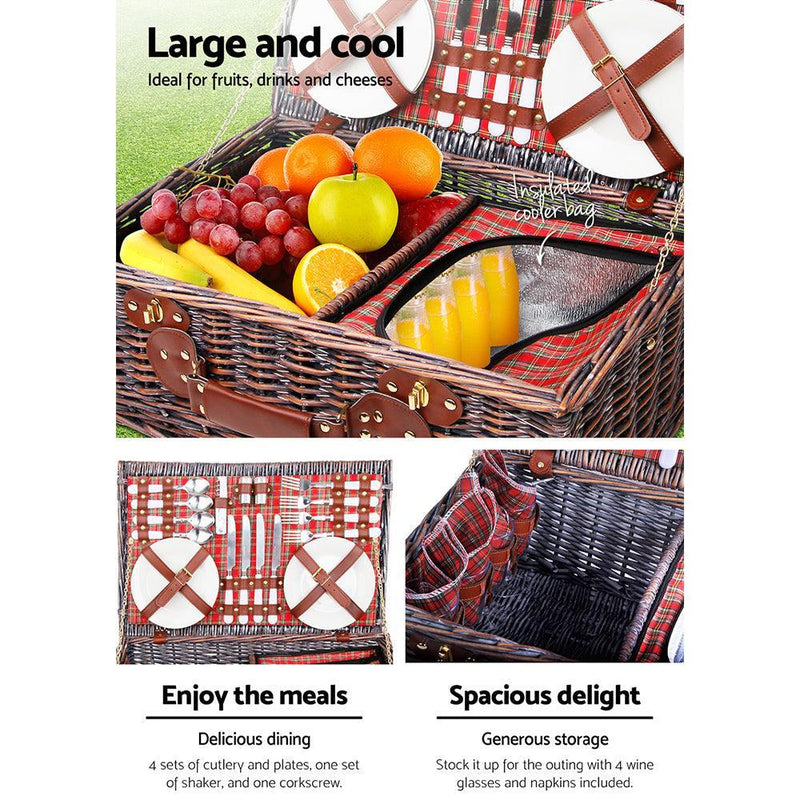 Alfresco 4 Person Picnic Basket Baskets Red Handle Outdoor Corporate Blanket Park - John Cootes