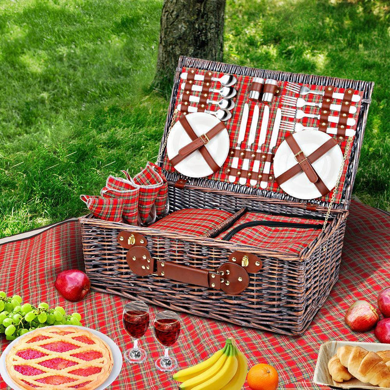 Alfresco 4 Person Picnic Basket Baskets Red Handle Outdoor Corporate Blanket Park - John Cootes