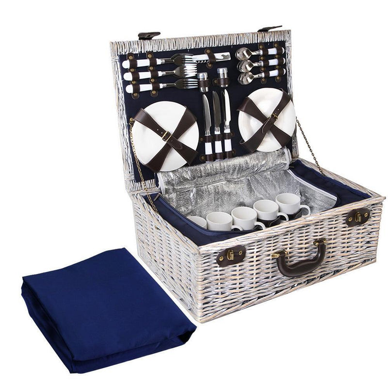 Alfresco 6-Person Picnic Basket Cooler Bag Wicker PU Fastening Straps Plates - John Cootes