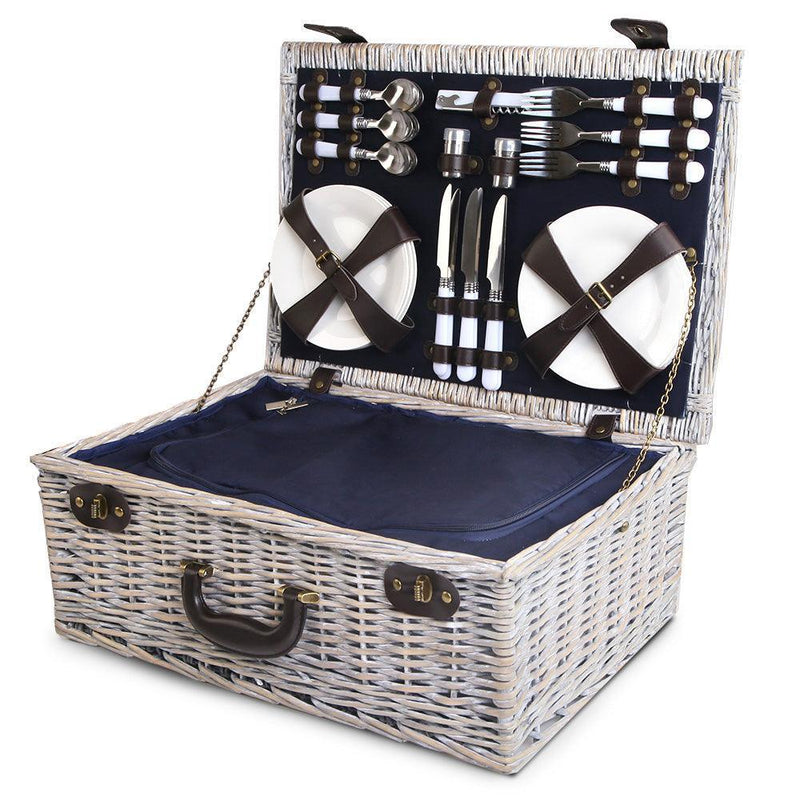 Alfresco 6-Person Picnic Basket Cooler Bag Wicker PU Fastening Straps Plates - John Cootes