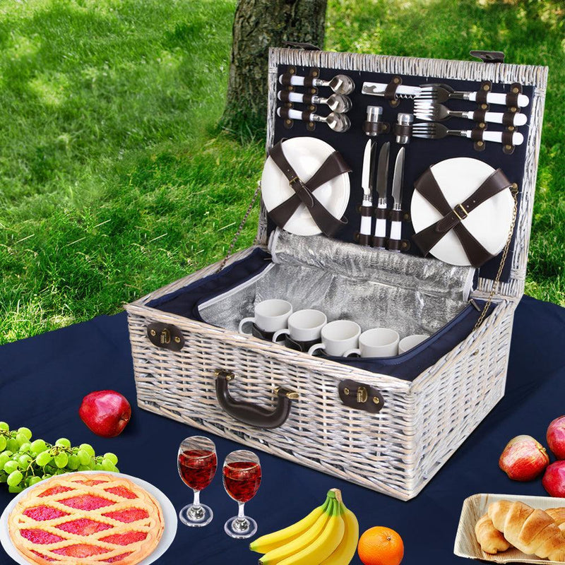 Alfresco 6-Person Picnic Basket Cooler Bag Wicker PU Fastening Straps Plates - John Cootes