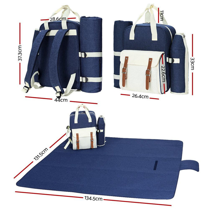 Alfresco Picnic Basket Backpack Set Cooler Bag 4 Person Outdoor Liquor Blue - John Cootes