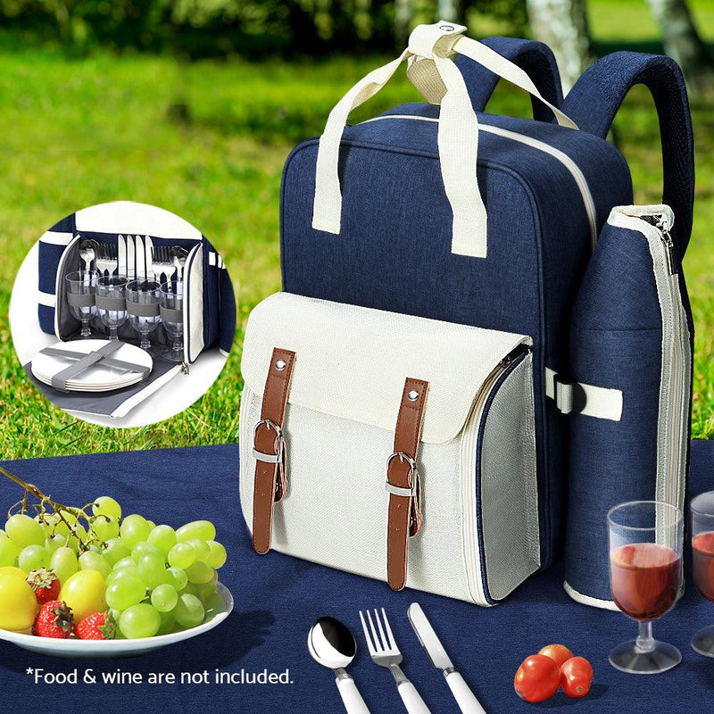 Alfresco Picnic Basket Backpack Set Cooler Bag 4 Person Outdoor Liquor Blue - John Cootes