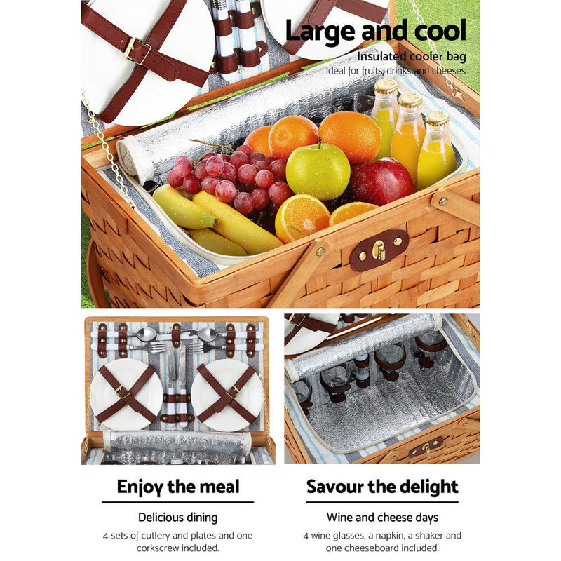 Alfresco Picnic Basket Set Wooden Cooler Bag 4 Person Outdoor Insulated Liquor - John Cootes