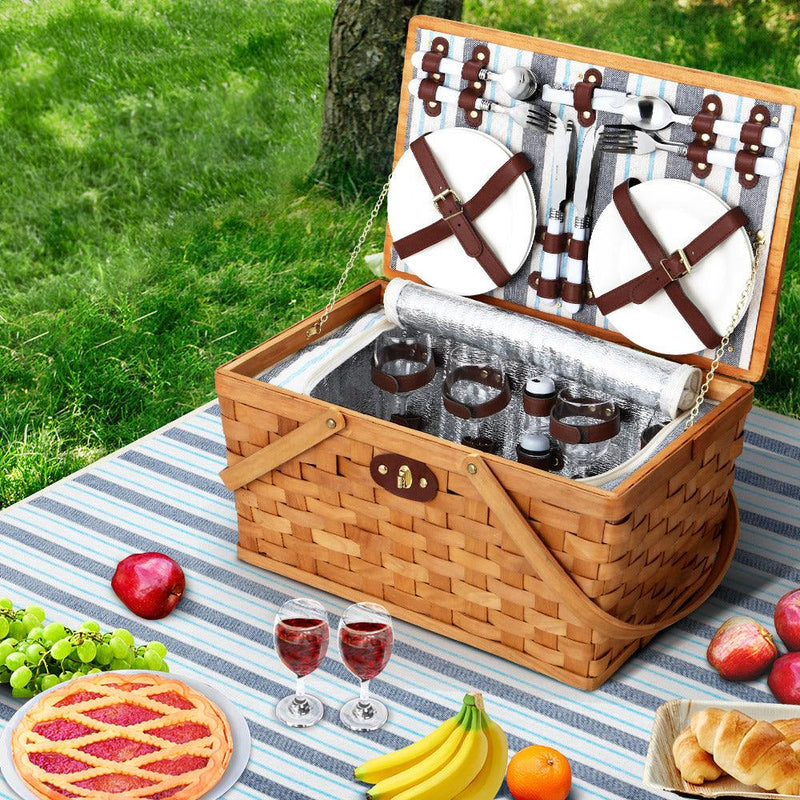 Alfresco Picnic Basket Set Wooden Cooler Bag 4 Person Outdoor Insulated Liquor - John Cootes