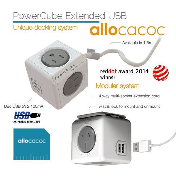 Allocacoc PowerCube Extended USB Powerboard 4-Outlets 2 USB Ports Grey-White 1.5m - John Cootes