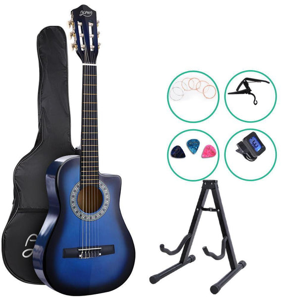 Alpha 34'' Inch Guitar Classical Acoustic Cutaway Wooden Ideal Kids Gift Children 1/2 Size Blue with Capo Tuner - John Cootes