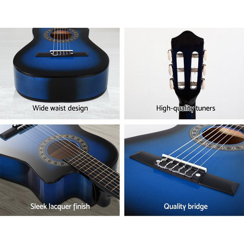 Alpha 34'' Inch Guitar Classical Acoustic Cutaway Wooden Ideal Kids Gift Children 1/2 Size Blue with Capo Tuner - John Cootes