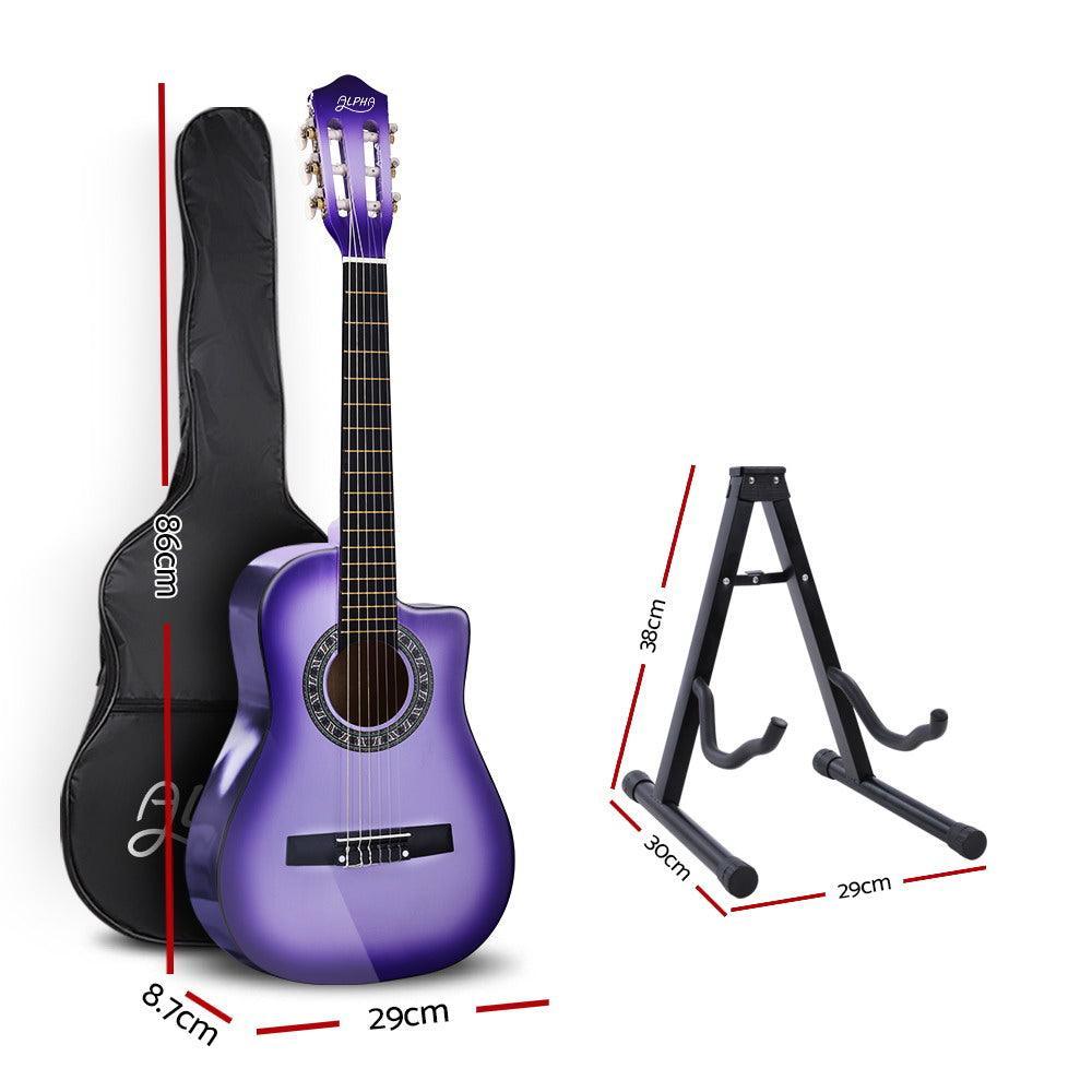 Alpha 34'' Inch Guitar Classical Acoustic Cutaway Wooden Ideal Kids Gift Children 1/2 Size Purple with Capo Tuner - John Cootes