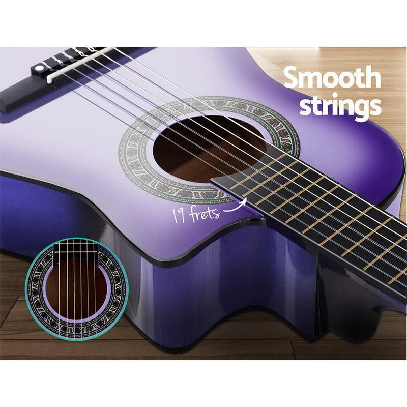 Alpha 34'' Inch Guitar Classical Acoustic Cutaway Wooden Ideal Kids Gift Children 1/2 Size Purple with Capo Tuner - John Cootes