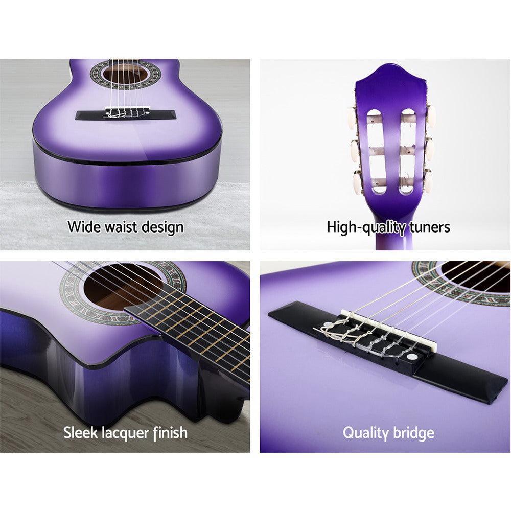 Alpha 34'' Inch Guitar Classical Acoustic Cutaway Wooden Ideal Kids Gift Children 1/2 Size Purple with Capo Tuner - John Cootes