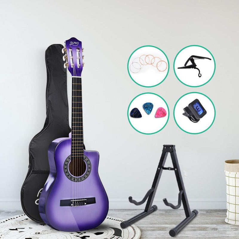 Alpha 34'' Inch Guitar Classical Acoustic Cutaway Wooden Ideal Kids Gift Children 1/2 Size Purple with Capo Tuner - John Cootes
