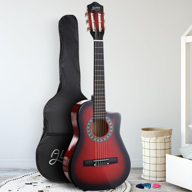 Alpha 34'' Inch Guitar Classical Acoustic Cutaway Wooden Ideal Kids Gift Children 1/2 Size Red - John Cootes