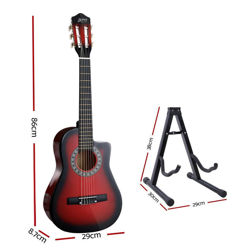 Alpha 34'' Inch Guitar Classical Acoustic Cutaway Wooden Ideal Kids Gift Children 1/2 Size Red with Capo Tuner - John Cootes