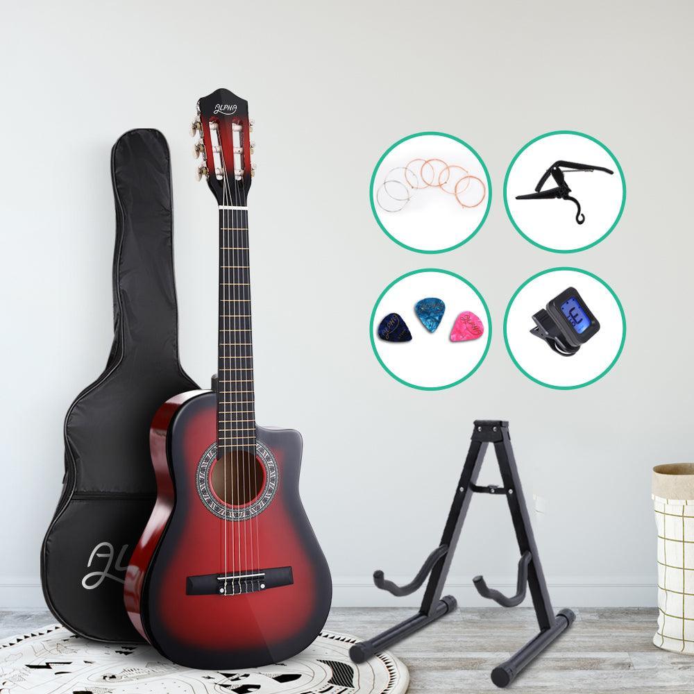 Alpha 34'' Inch Guitar Classical Acoustic Cutaway Wooden Ideal Kids Gift Children 1/2 Size Red with Capo Tuner - John Cootes