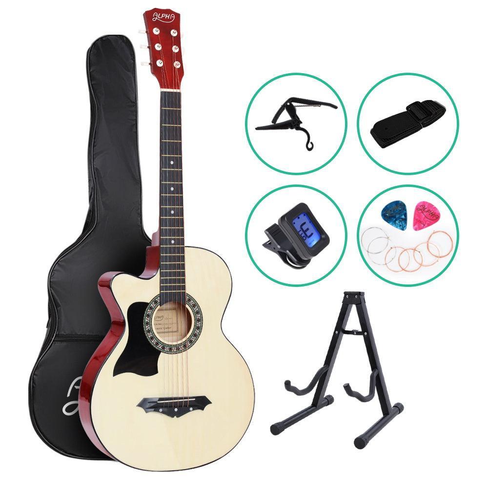 ALPHA 38 Inch Wooden Acoustic Guitar Left handed with Accessories set Natural Wood - John Cootes