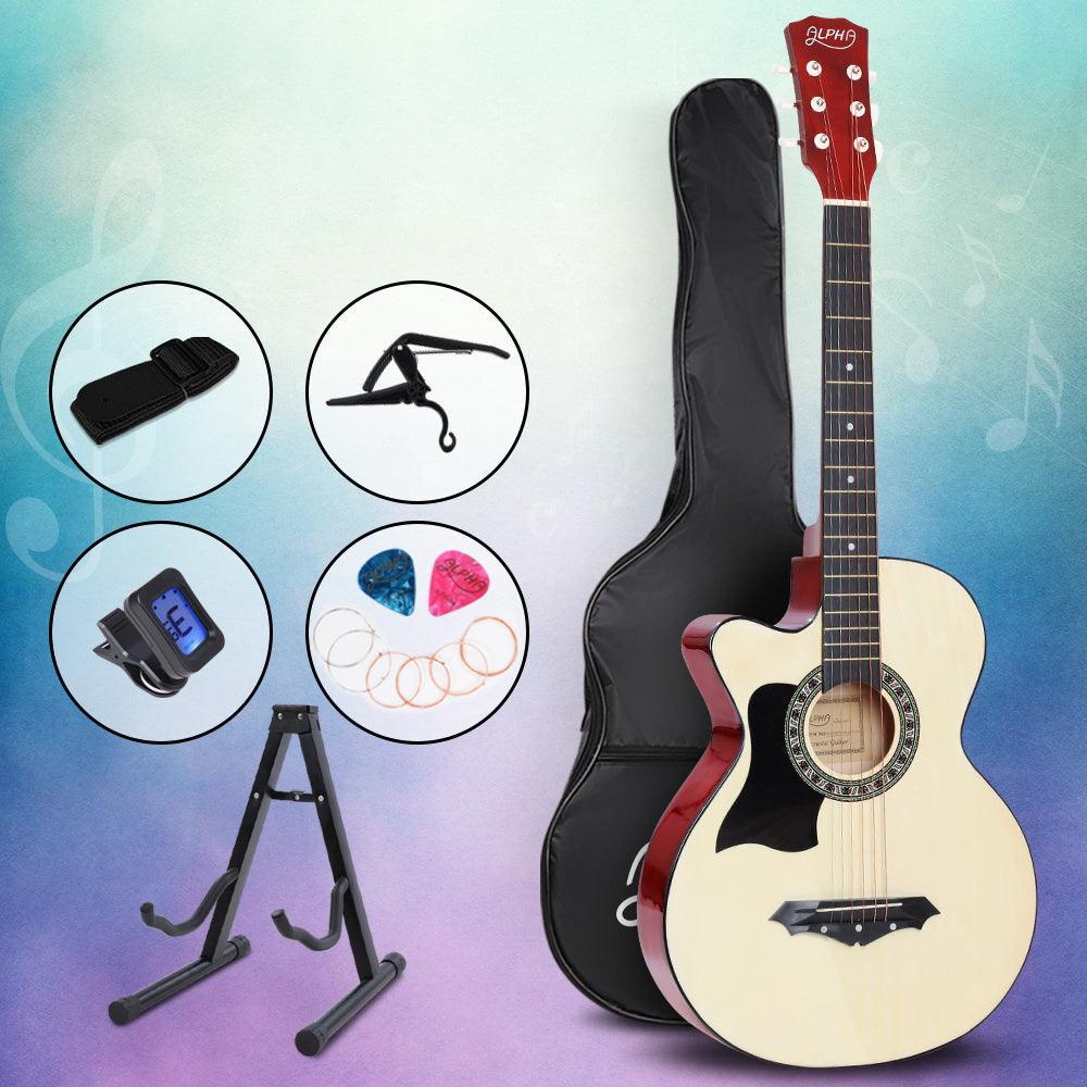 ALPHA 38 Inch Wooden Acoustic Guitar Left handed with Accessories set Natural Wood - John Cootes