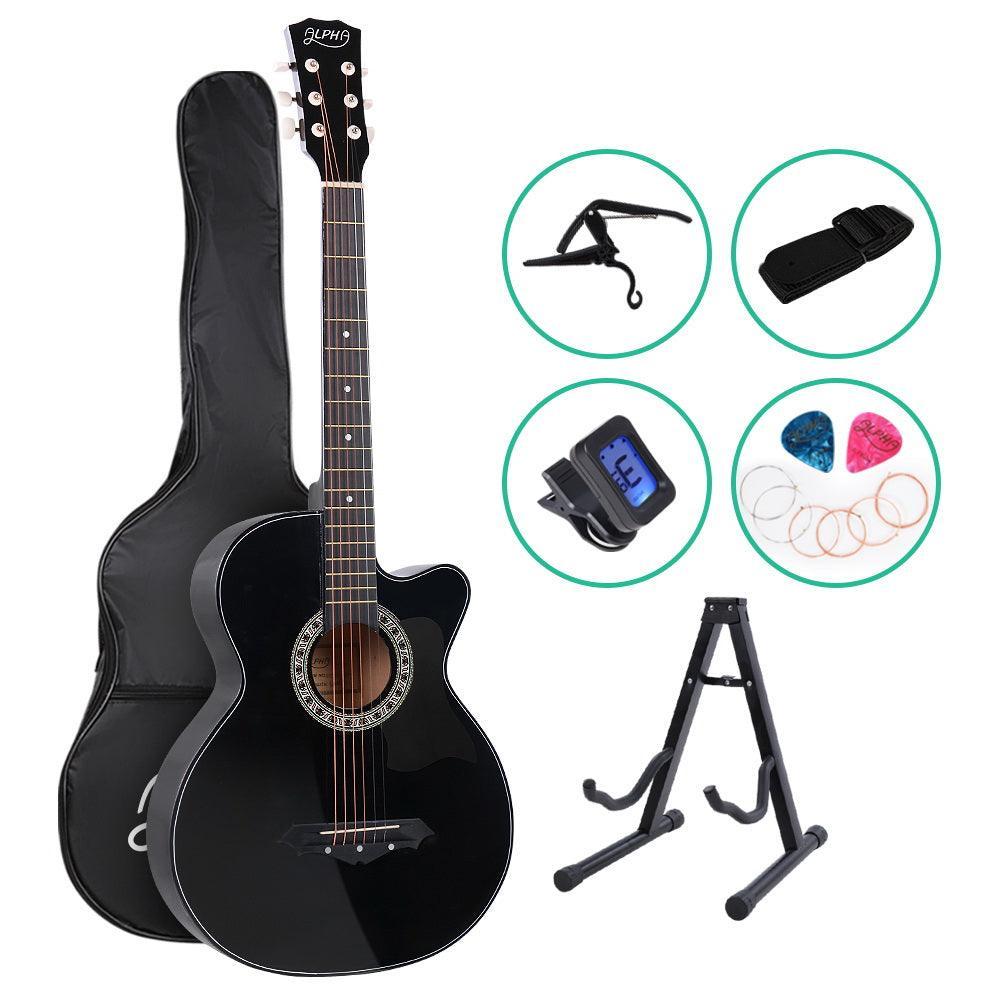 ALPHA 38 Inch Wooden Acoustic Guitar with Accessories set Black - John Cootes