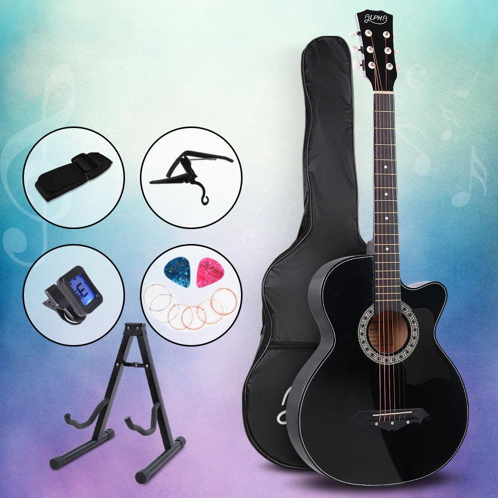 ALPHA 38 Inch Wooden Acoustic Guitar with Accessories set Black - John Cootes