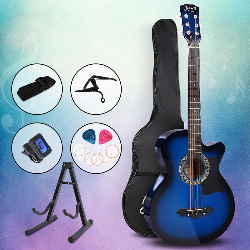 ALPHA 38 Inch Wooden Acoustic Guitar with Accessories set Blue - John Cootes
