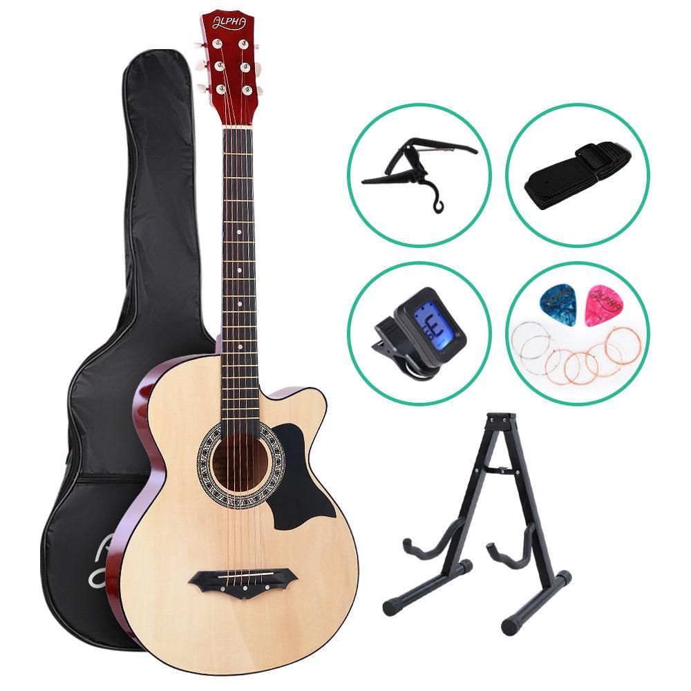 ALPHA 38 Inch Wooden Acoustic Guitar with Accessories set Natural Wood - John Cootes