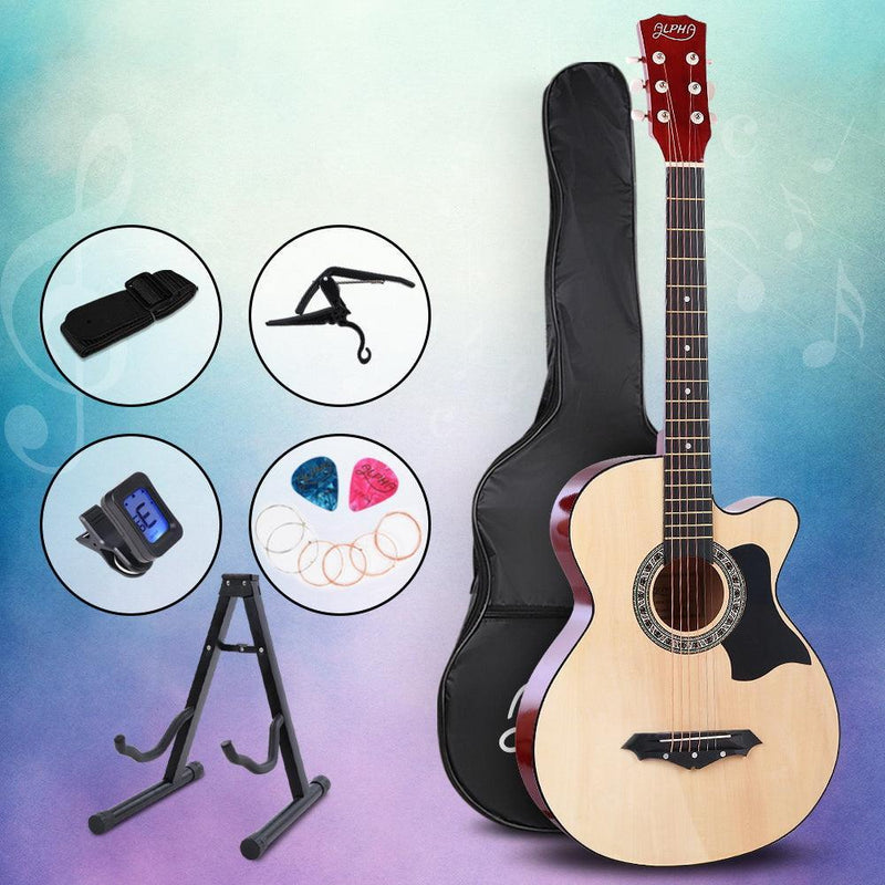 ALPHA 38 Inch Wooden Acoustic Guitar with Accessories set Natural Wood - John Cootes