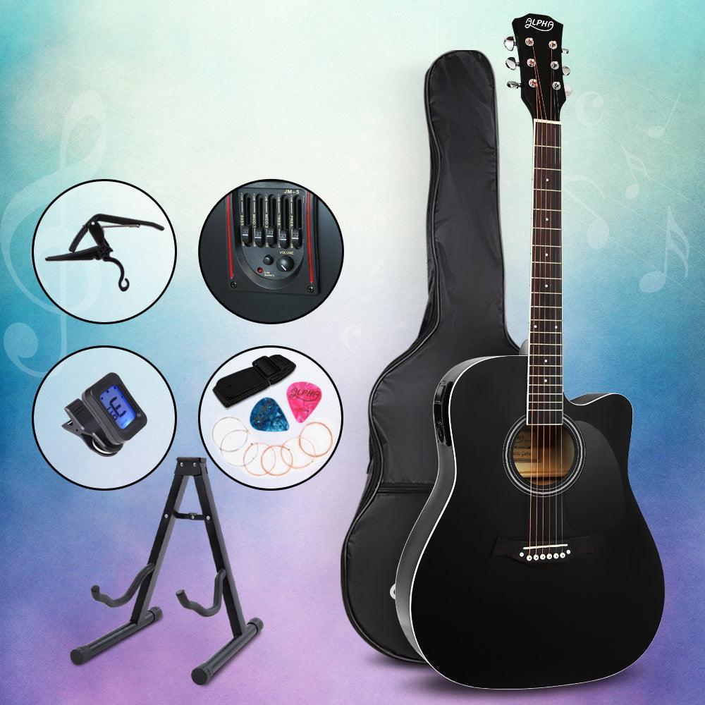 Alpha 41'' Inch Electric Acoustic Guitar Wooden Classical Full Size EQ Capo Black - John Cootes