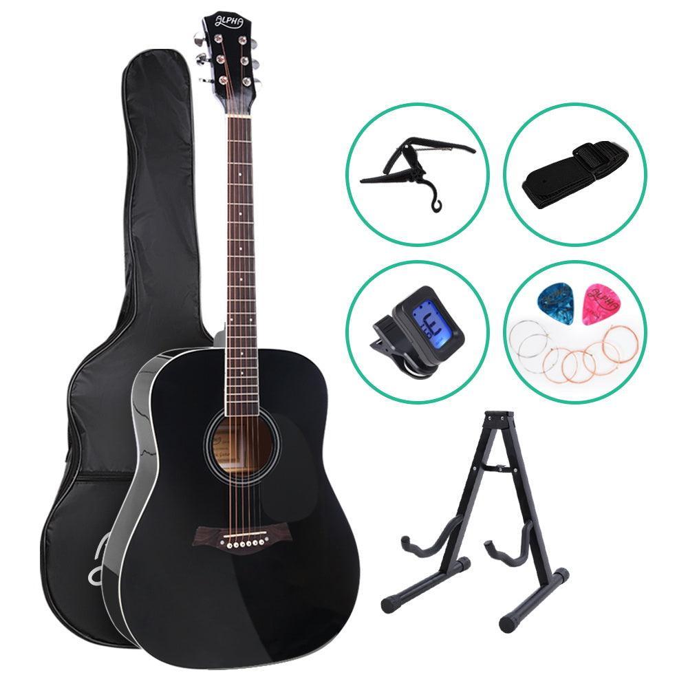 ALPHA 41 Inch Wooden Acoustic Guitar with Accessories set Black - John Cootes