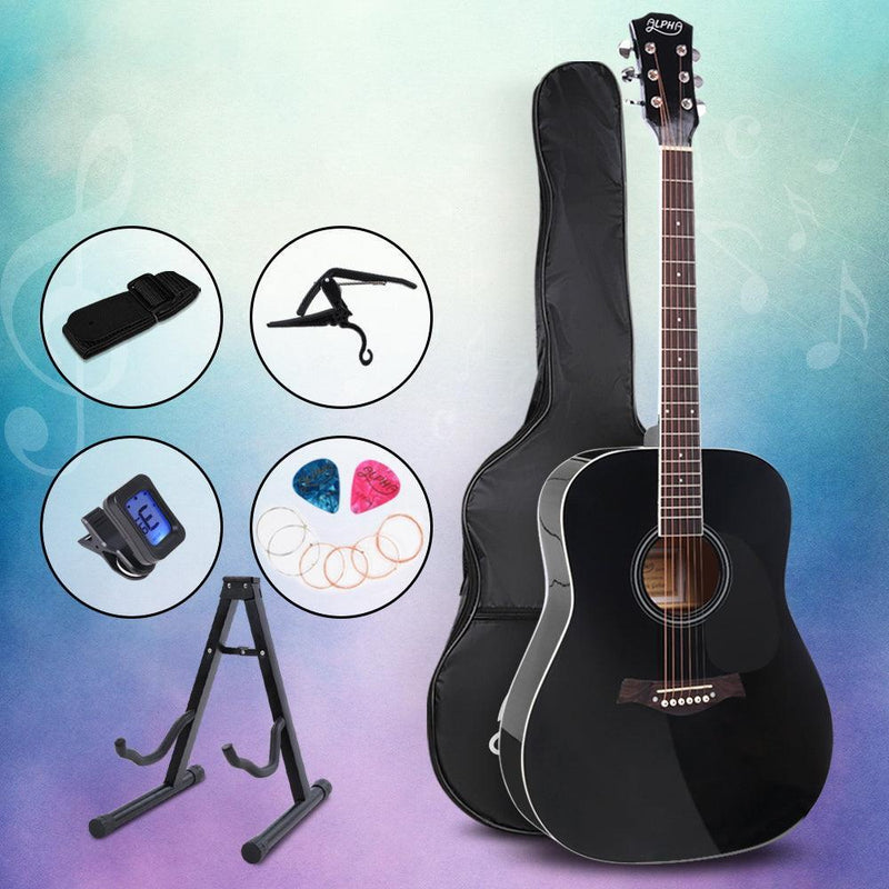 ALPHA 41 Inch Wooden Acoustic Guitar with Accessories set Black - John Cootes