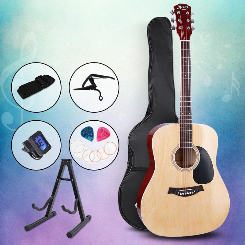 ALPHA 41 Inch Wooden Acoustic Guitar with Accessories set Natural Wood - John Cootes