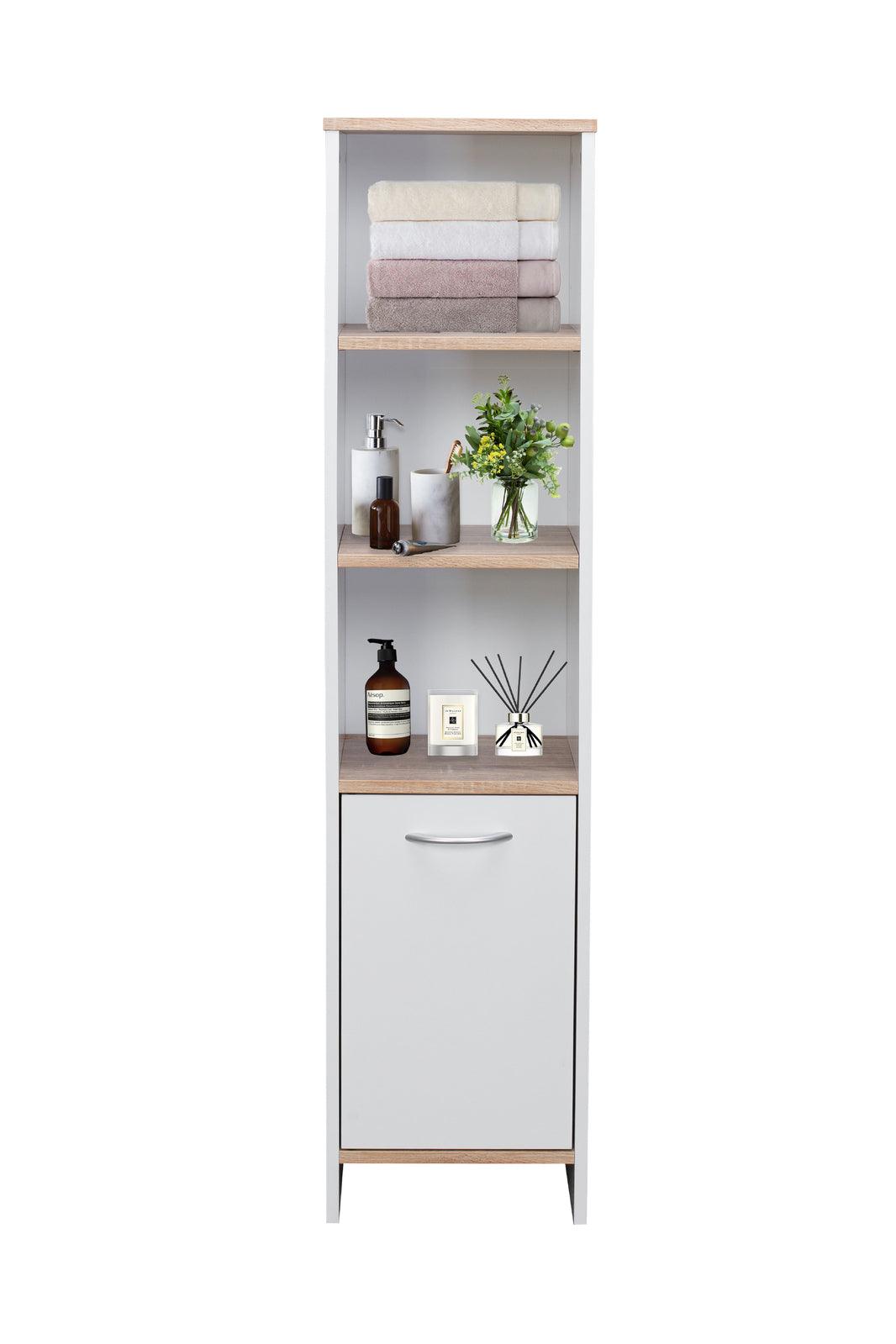 Alto Bathroom Tallboy Narrow High Cabinet With 1 Doors/3 Shelves - Oak/White - John Cootes