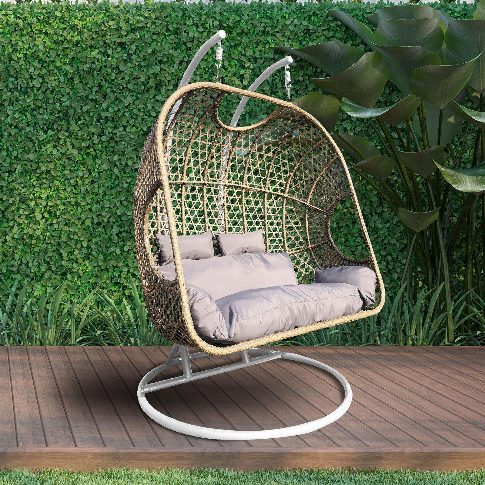 Arcadia Furniture 2 Seater Rocking Egg Chair Outdoor Wicker Rattan Patio Garden - Brown and Grey - John Cootes